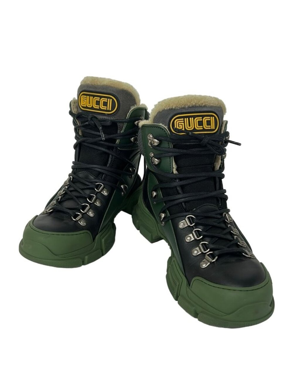 Gucci Short Boots 6 Black Green Gray Boa Leather - Picture 2 of 7